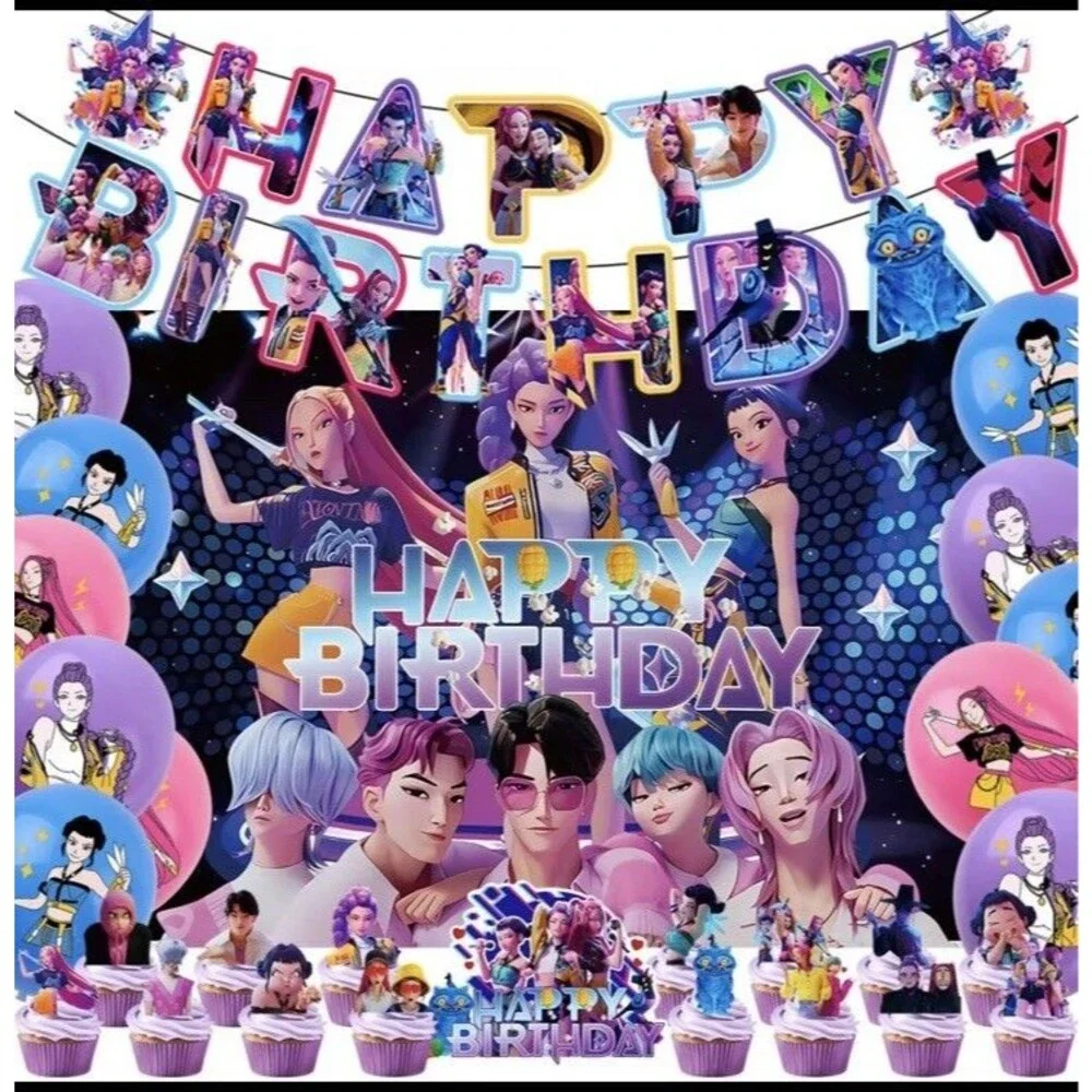 KPOP Hunters Birthday Party Supplies Balloons Cake Toppers Banner Lgr Backdrop